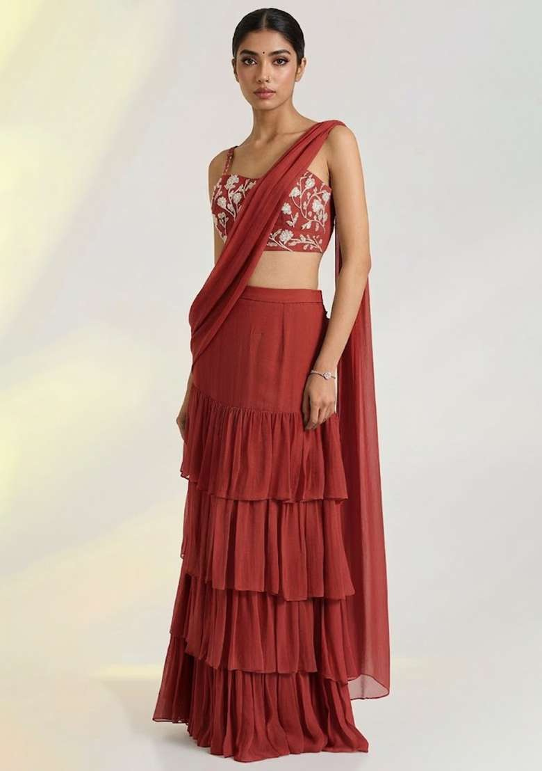 Brick Red Georgette Embellished Handwork Pre Draped Saree Set - Indya