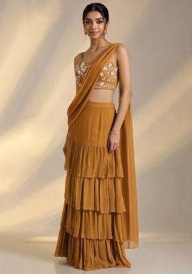 Golden Yellow Georgette Embellished Handwork Pre Draped Saree Set