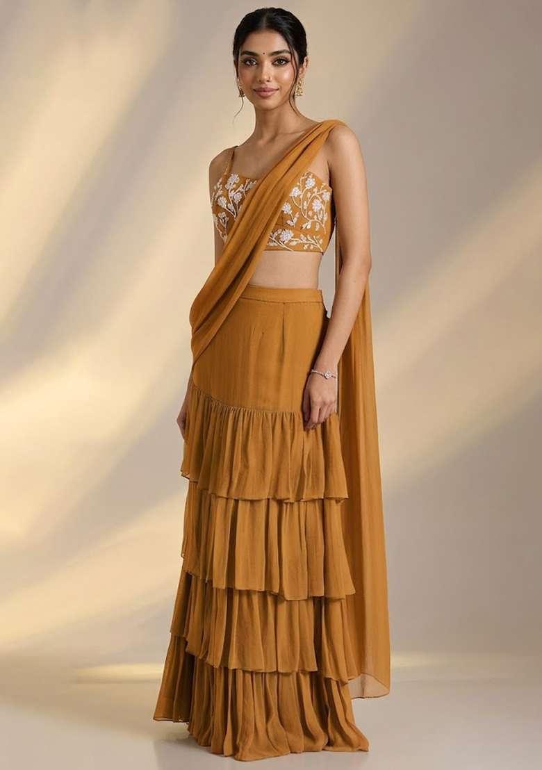 Golden Yellow Georgette Embellished Handwork Pre Draped Saree Set - Indya