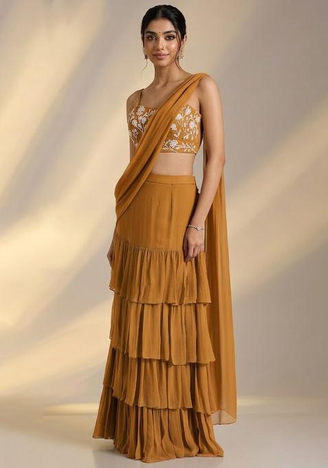 Golden Yellow Georgette Embellished Handwork Pre Draped Saree Set