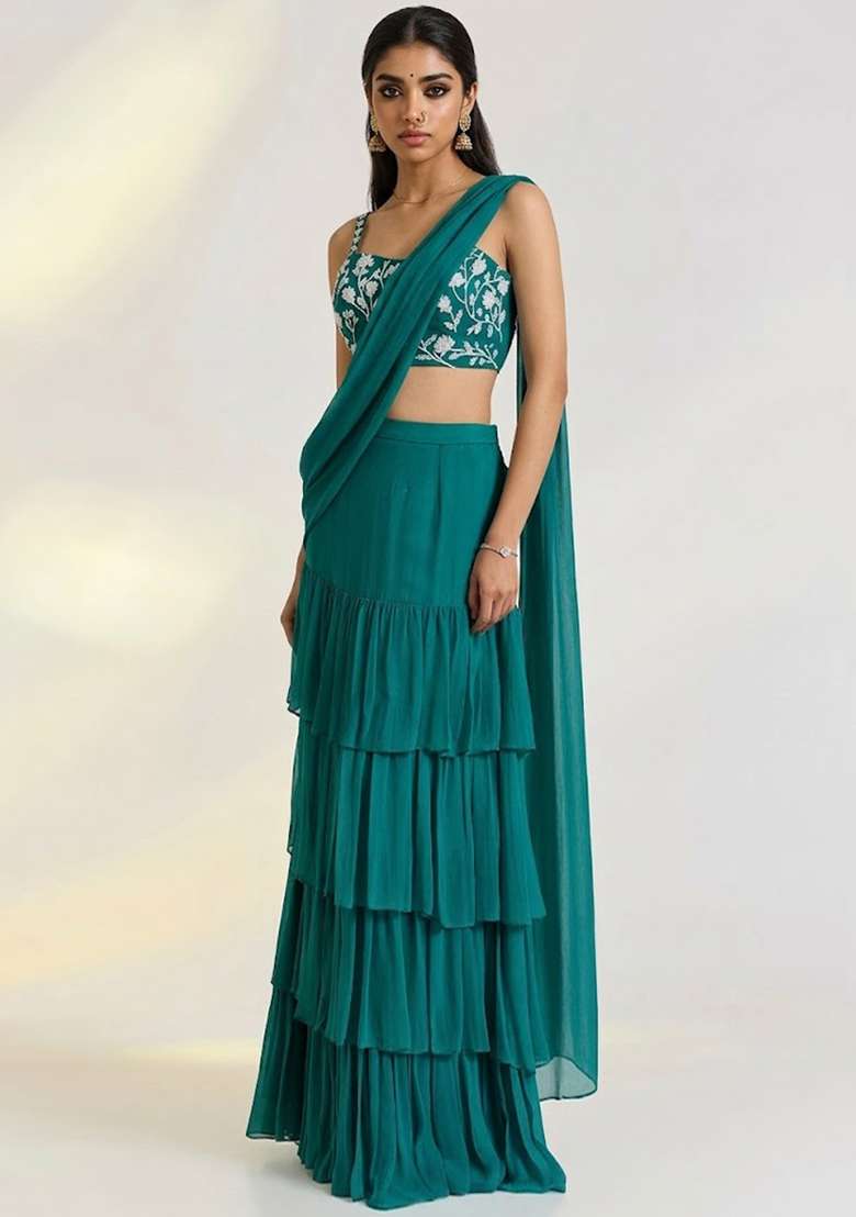 Green Georgette Embellished Handwork Pre Draped Saree Set - Indya