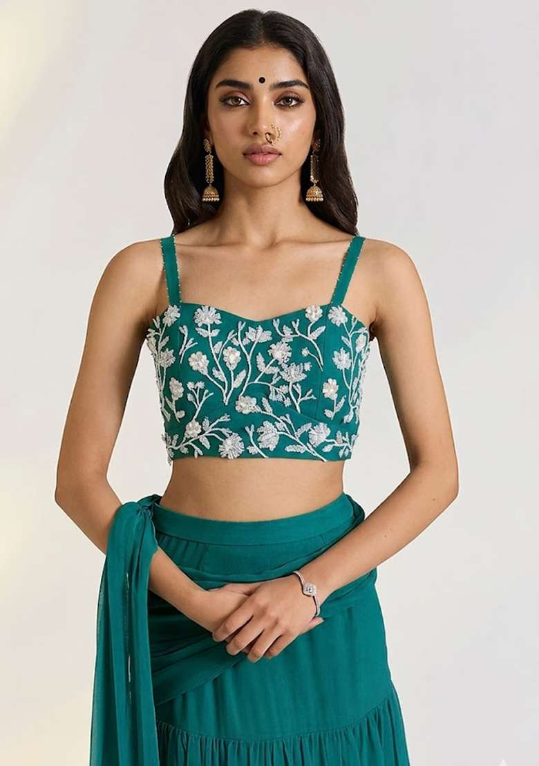 Green Georgette Embellished Handwork Pre Draped Saree Set - Indya