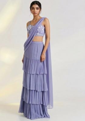 Purple Georgette Embellished Handwork Pre Draped Saree Set