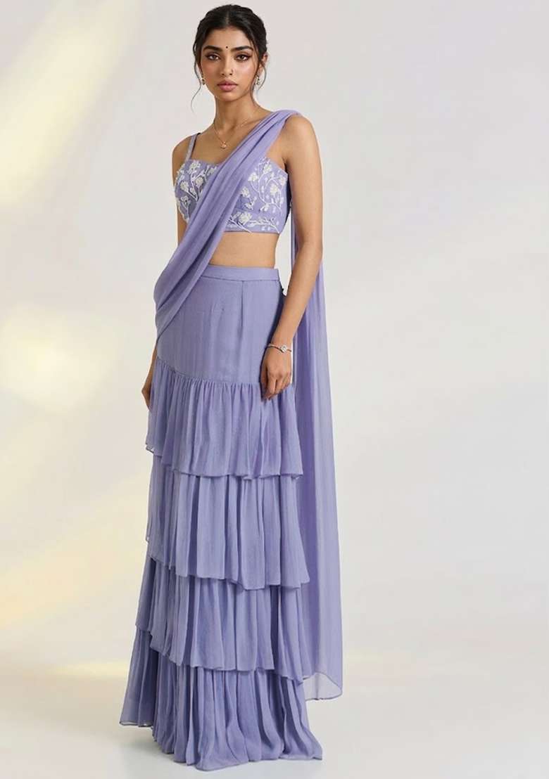 Purple Georgette Embellished Handwork Pre Draped Saree Set - Indya