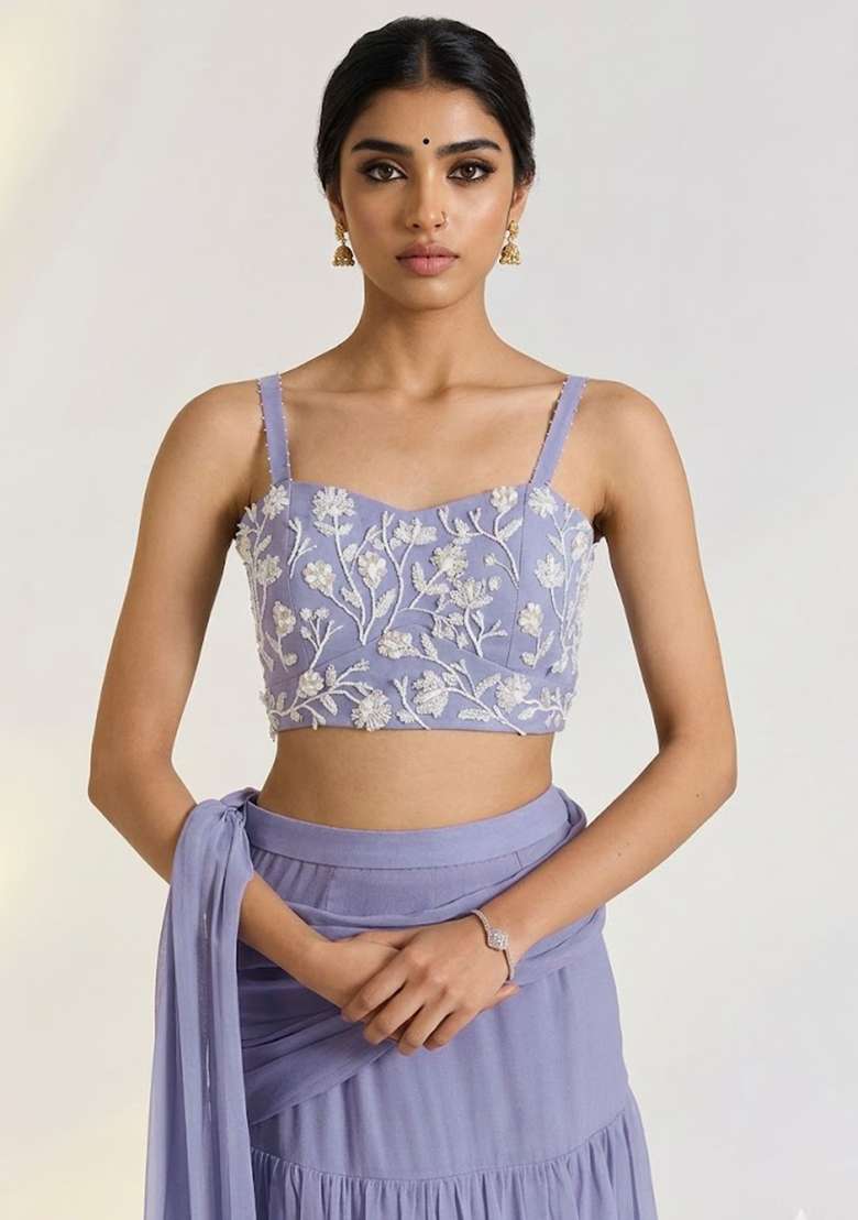 Purple Georgette Embellished Handwork Pre Draped Saree Set - Indya