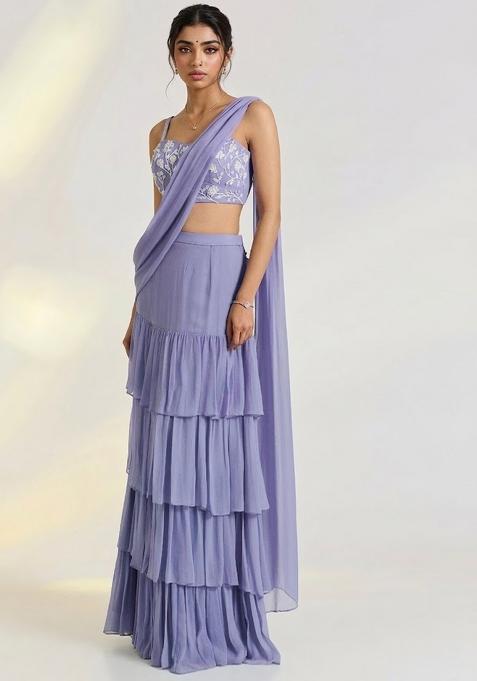 Purple Georgette Embellished Handwork Pre Draped Saree Set