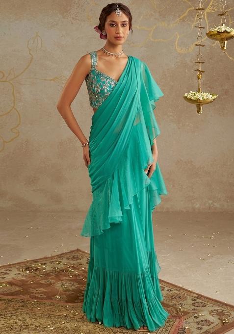 Aqua Green Chinon Embroidered Handwork Pre Draped Saree Set