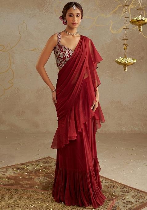 Blood Red Chinon Embroidered Handwork Pre Draped Saree Set