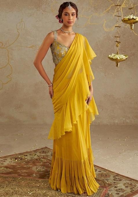 Neon Yellow Chinon Embroidered Handwork Pre Draped Saree Set