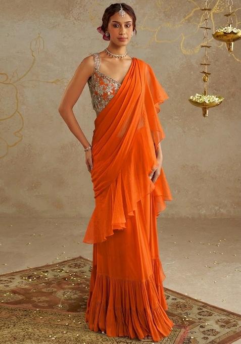Orange Chinon Embroidered Handwork Pre Draped Saree Set