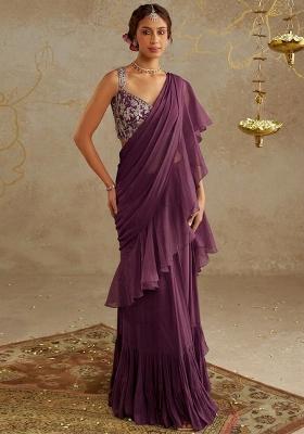 Plum Purple Chinon Embroidered Handwork Pre Draped Saree Set