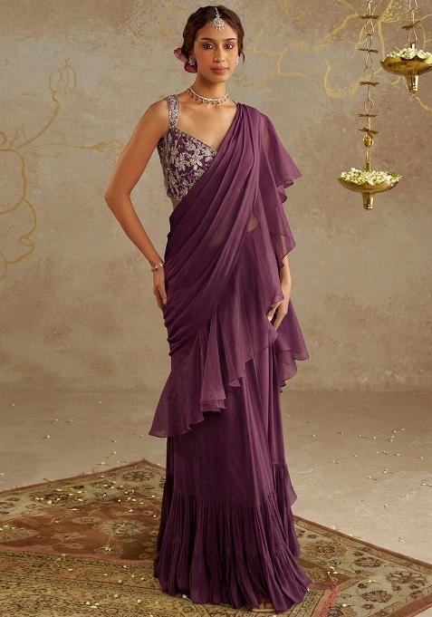 Plum Purple Chinon Embroidered Handwork Pre Draped Saree Set