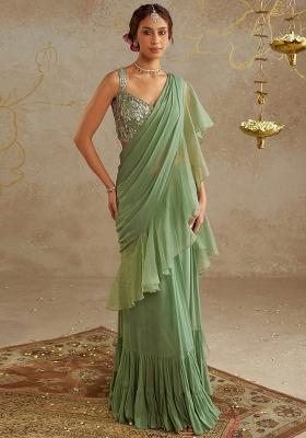 Fresh Green Chinon Embroidered Handwork Pre Draped Saree Set