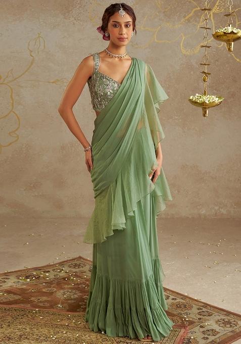 Fresh Green Chinon Embroidered Handwork Pre Draped Saree Set