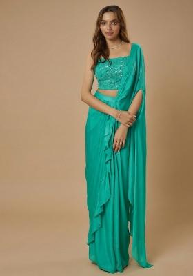 Aqua Green Satin Sequin Handwork Pre Draped Saree Set