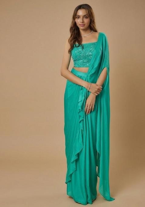 Aqua Green Satin Sequin Handwork Pre Draped Saree Set — view on Indya