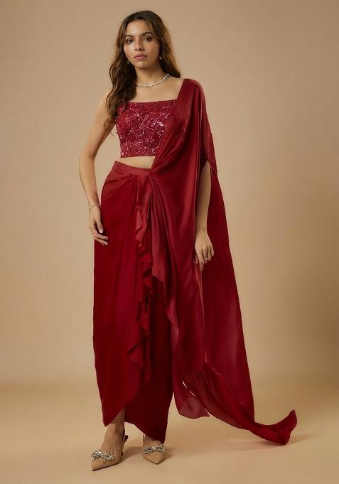 Blood Red Satin Sequin Handwork Pre Draped Saree Set