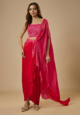 Fuchsia Pink Satin Sequin Handwork Pre Draped Saree Set