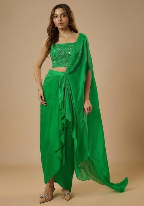 Green Satin Sequin Handwork Pre Draped Saree Set