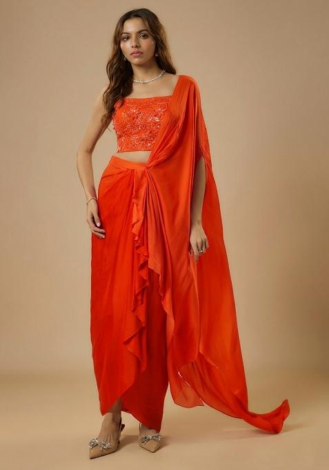 Orange Satin Sequin Handwork Pre Draped Saree Set