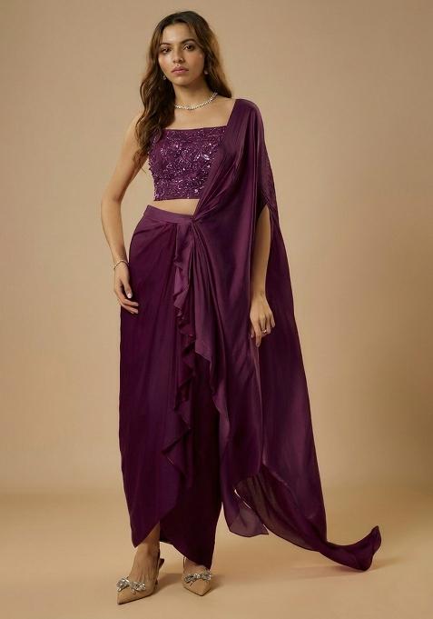 Plum Purple Satin Sequin Handwork Pre Draped Saree Set