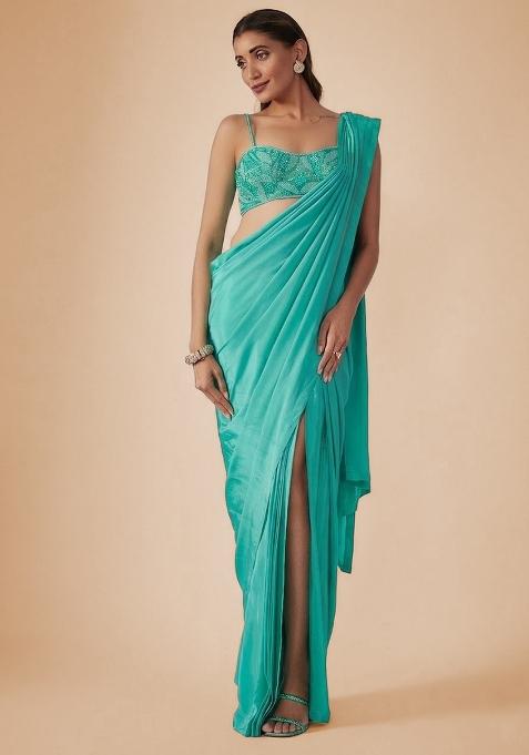 Aqua Green Crepe Embellished Handwork Pre Draped Saree Set