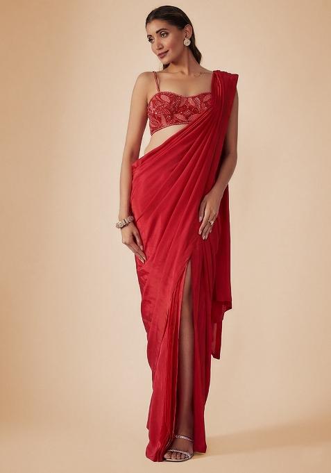 Blood Red Crepe Embellished Handwork Pre Draped Saree Set