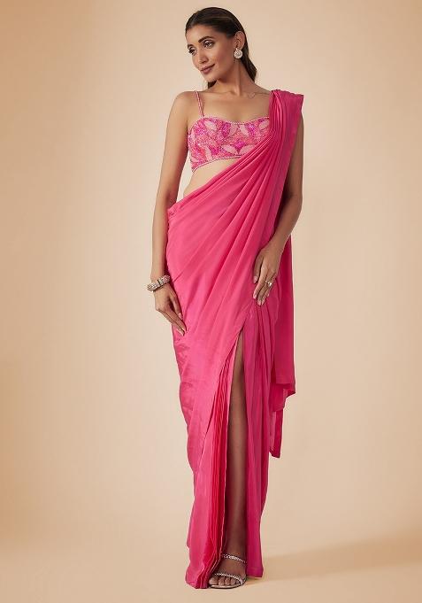 Fuchsia Pink Crepe Embellished Handwork Pre Draped Saree Set