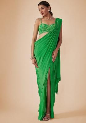 Green Crepe Embellished Handwork Pre Draped Saree Set