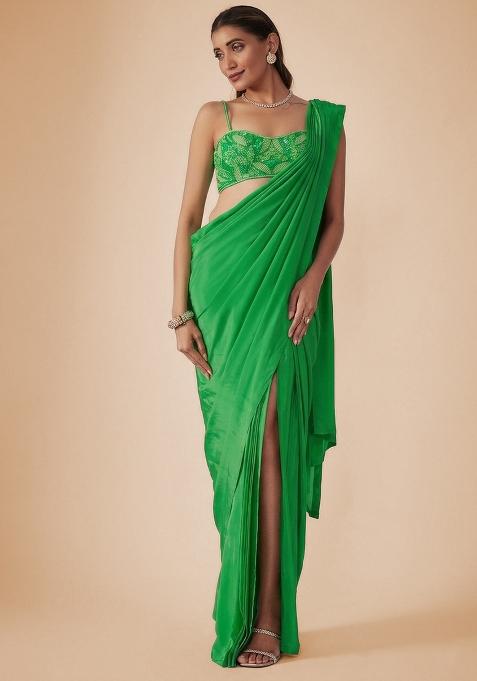 Green Crepe Embellished Handwork Pre Draped Saree Set