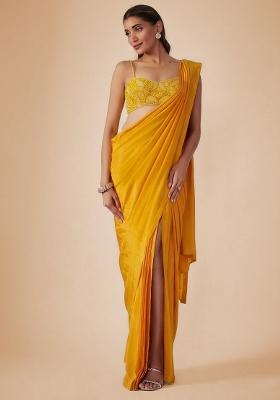 Neon Yellow Crepe Embellished Handwork Pre Draped Saree Set