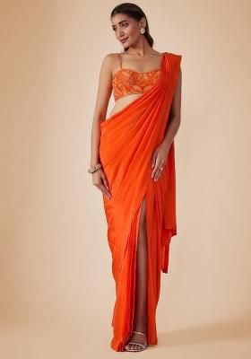 Orange Crepe Embellished Handwork Pre Draped Saree Set