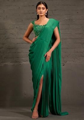 Deep Green Satin Sequin Handwork Pre Draped Saree Set