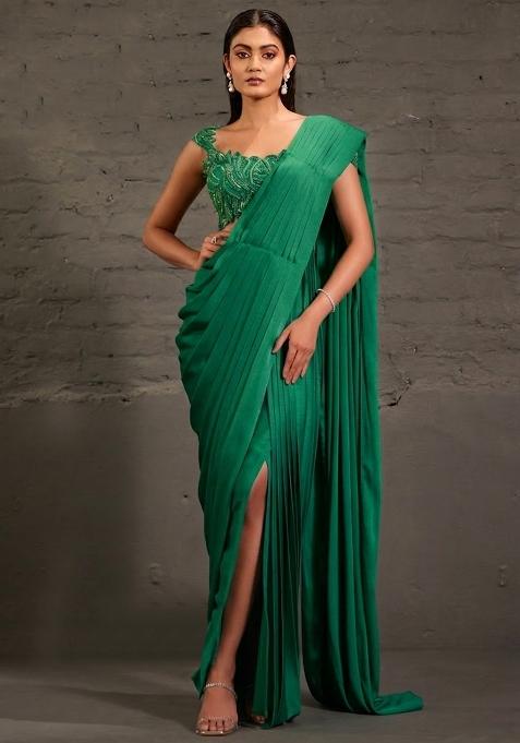 Deep Green Satin Sequin Handwork Pre Draped Saree Set