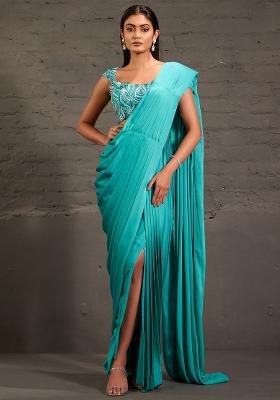 Aqua Green Satin Sequin Handwork Pre Draped Saree Set