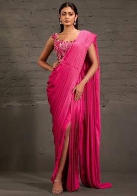 Fuchsia Pink Satin Sequin Handwork Pre Draped Saree Set