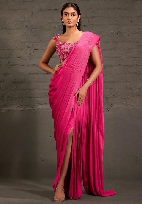Fuchsia Pink Satin Sequin Handwork Pre Draped Saree Set