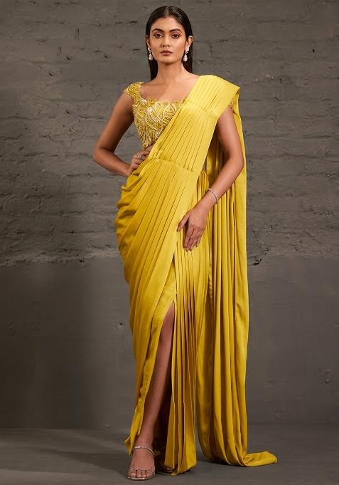 Neon Yellow Satin Sequin Handwork Pre Draped Saree Set — view on Indya
