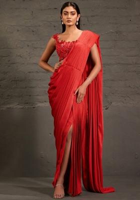 Bright Red Satin Sequin Handwork Pre Draped Saree Set