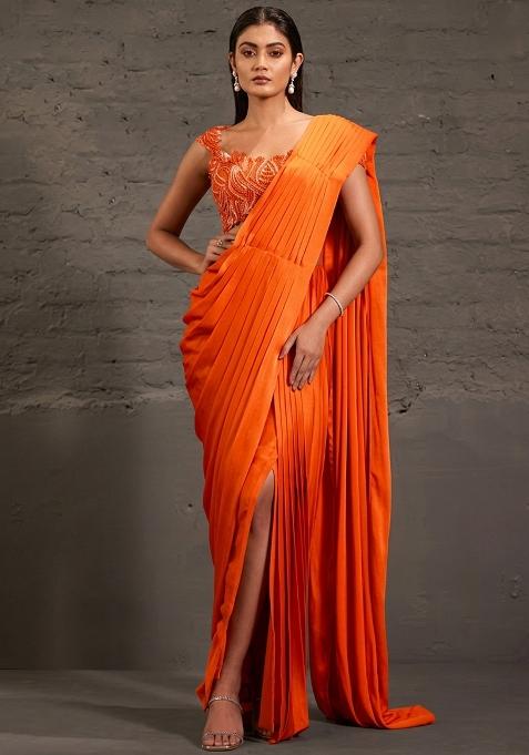 Orange Satin Sequin Handwork Pre Draped Saree Set