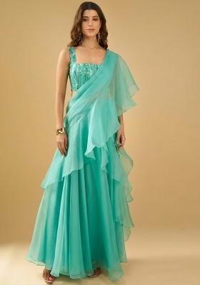 Aqua Green Organza Sequin Handwork Pre Draped Saree Set