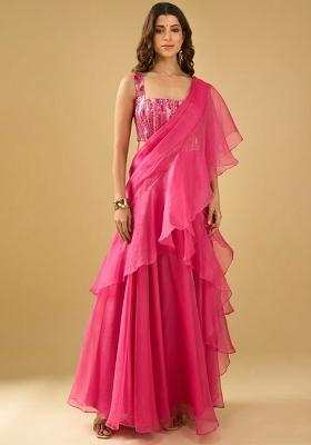 Fuchsia Pink Organza Sequin Handwork Pre Draped Saree Set
