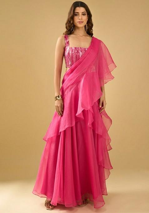 Fuchsia Pink Organza Sequin Handwork Pre Draped Saree Set