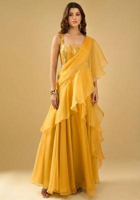 Neon Yellow Organza Sequin Handwork Pre Draped Saree Set