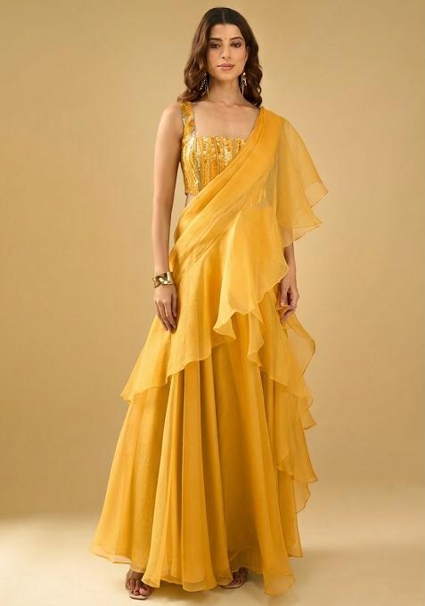 Neon Yellow Organza Sequin Handwork Pre Draped Saree Set