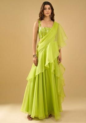 Neon Lime Organza Sequin Handwork Pre Draped Saree Set