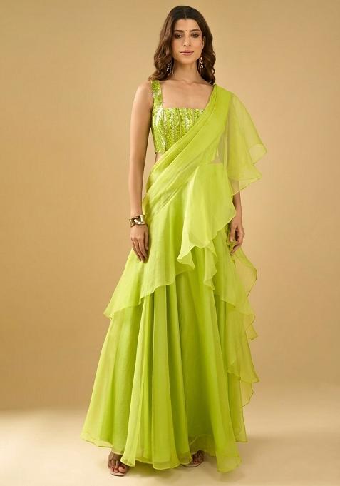 Neon Lime Organza Sequin Handwork Pre Draped Saree Set — view on Indya