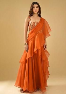 Orange Organza Sequin Handwork Pre Draped Saree Set