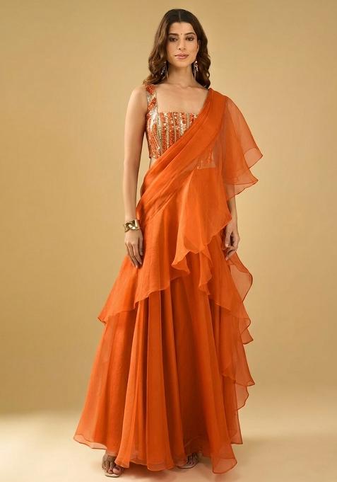 Orange Organza Sequin Handwork Pre Draped Saree Set