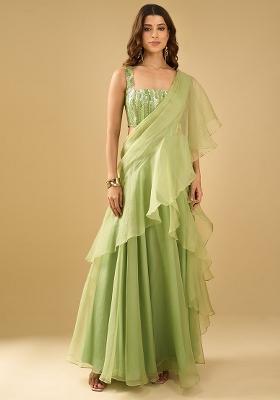 Fresh Green Organza Sequin Handwork Pre Draped Saree Set